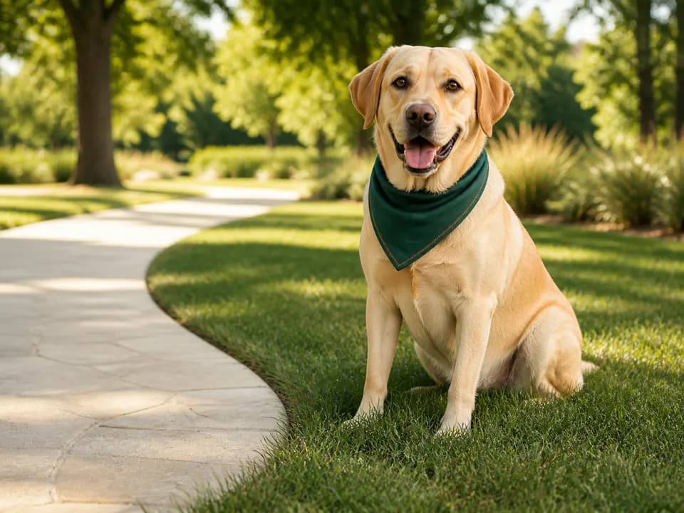 A joyful yellow Labrador in the park